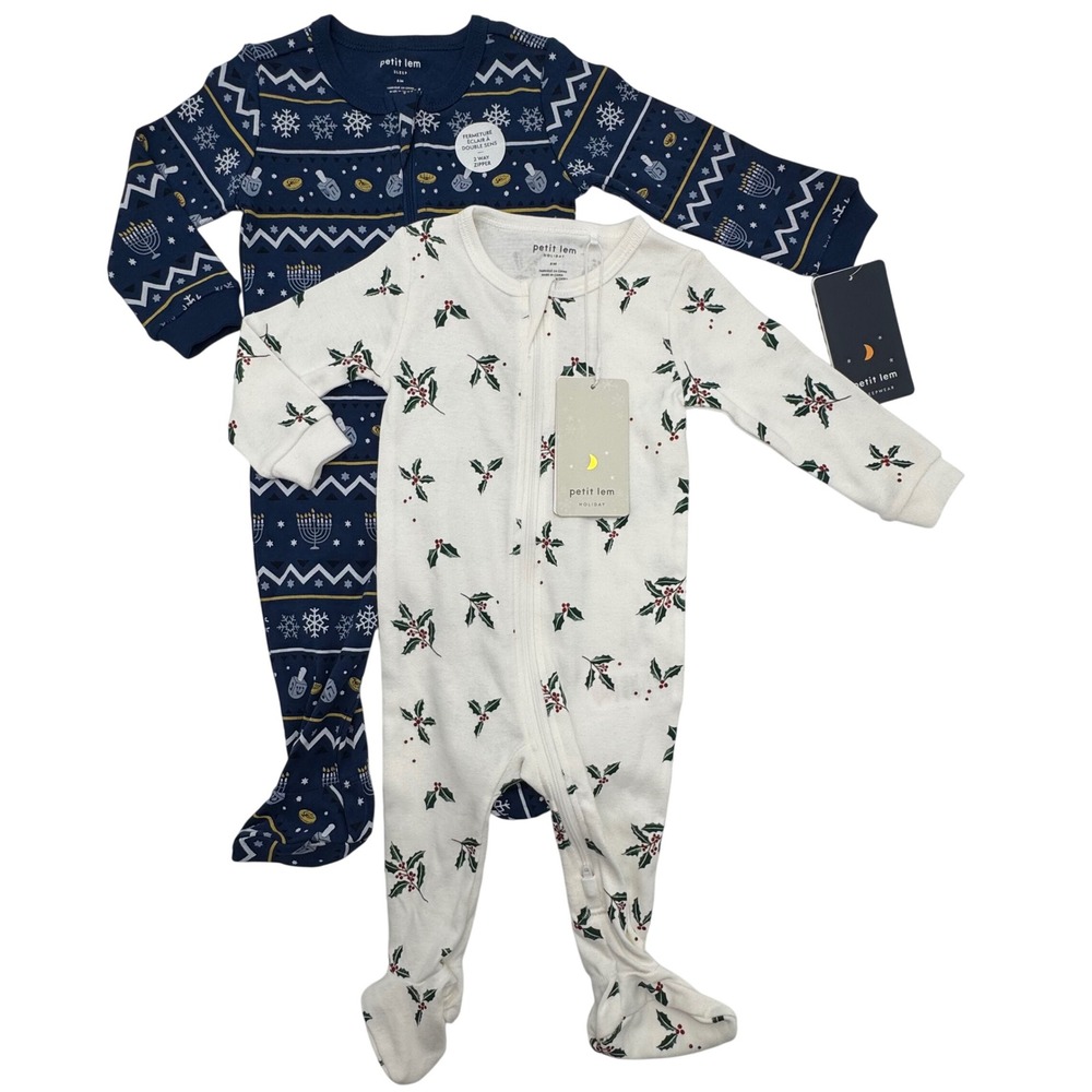 NEW Petit Lem Kids 6M Holiday Sleepwear Footed Pajamas Lot of 2 Organic Cotton